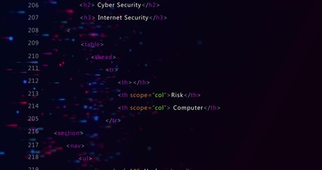 Showing syntax-highlighted HTML code block on monitor with line numbers 206-219, neon streaks