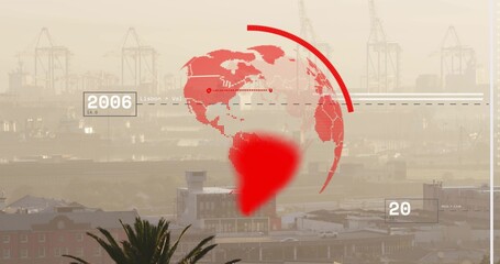 Hovering stylized red globe overlaying harbor, showing container cranes and palm silhouette