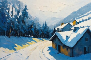 A serene winter landscape with a snow-covered road winding through towering, icy mountains flanked by evergreen trees under a soft, pale sky. The scene exudes calm and majesty, painted in cool blues a