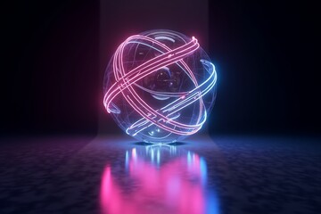 Neon spiral swirls in pink and blue, glowing on dark surface. Futuristic light patterns radiate from center, creating mesmerizing digital art display.
