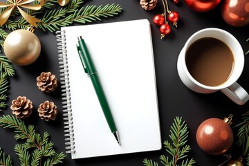 Christmas desk scene: notebook, green pen, coffee cup, ornaments, pinecones, gold ribbon on dark background. Festive and cozy.