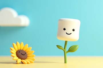 Cute marshmallow flower smiles beside sunflower on sunny yellow ground, soft blue sky with fluffy clouds.