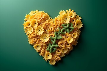 Heart-shaped pasta arrangement: yellow, green, and star shapes on deep teal background. Creative food art design.