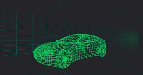 Displaying neon-green wireframe passenger car model occupying center of studio, with gridlines