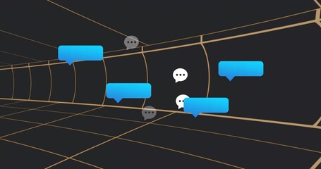 Floating blue chat bubbles and white-gray icons receding into VR gold grid tunnel vanishing point