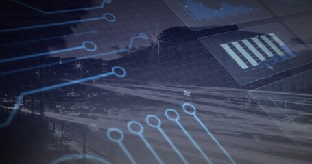 Overlaying cyan-blue circuit graphics linking to multi-lane highway with light trails, bar chart