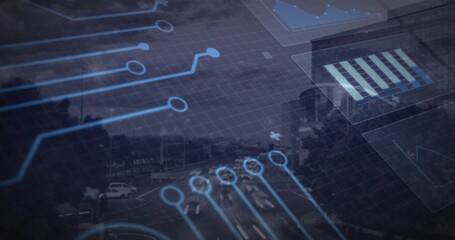 Overlaying circuit lines and data panels spanning elevated urban roadway, showing cars, crosswalks