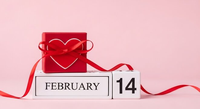 Valentine's Day concept with a red gift box and a wooden block calendar showing February 14th on a pink background