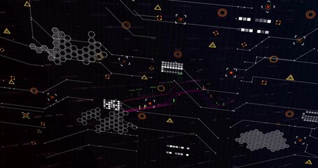 Showing network chart on dark grid, mapping hex clusters, candlesticks, orange rings, magenta line