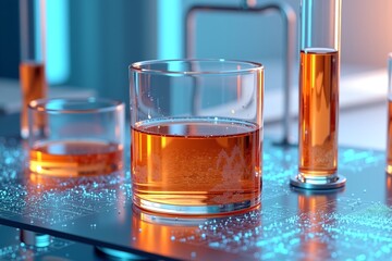 Golden liquid in lab glassware, glowing blue circuitry beneath. Sci-fi cocktail science experiment setup. Futuristic laboratory vibe.