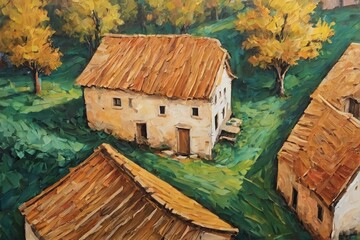 A vibrant, impressionistic painting of rustic village houses with terracotta roofs nestled among lush greenery and winding paths. A striking golden tree adds warmth to the scene, evoking a serene coun