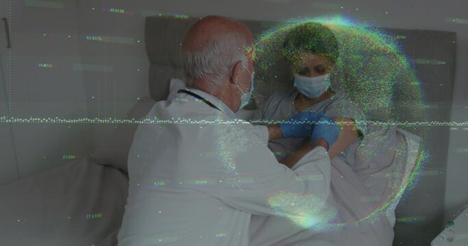 Giving gloved doctor in white coat leaning toward patient getting shot at clinic, digital overlay - Powered by Adobe