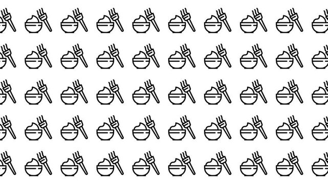 Repeating black and white pattern with bowls of food and forks. Perfect for foodrelated designs, menus, kitchen decor, and packaging.