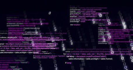 Floating code snippets and 0s 1s forming layered display in virtual cyberspace, magenta highlights