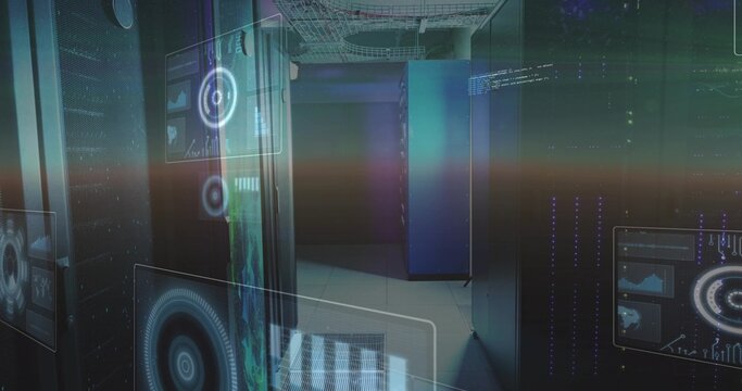 Illuminating server racks projecting holographic UI panels in data center aisle, showing LEDs