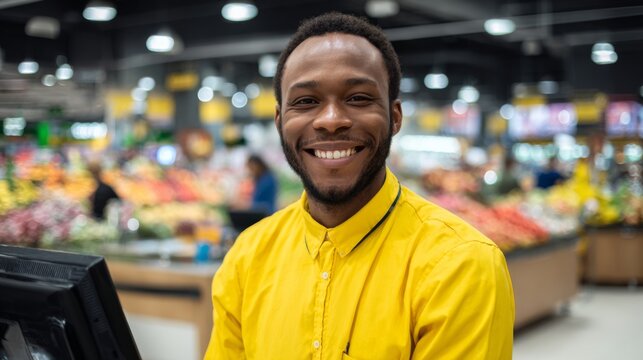 Smiling store clerk assisting customers at a vibrant grocery store in the afternoon