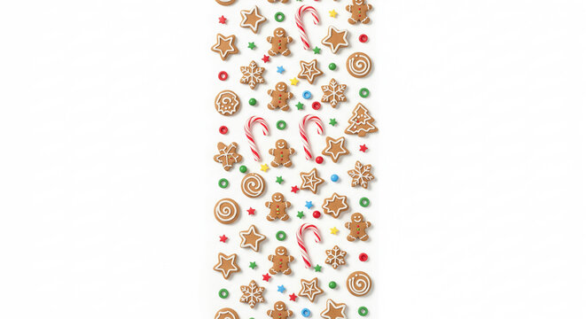 Christmas gingerbread cookies and candy cane isolated on white. A flat lay festive arrangement. Holiday season, winter time, sweet treats.