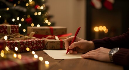 Writing Christmas Letter Cozy Scene with Gifts Lights and Warmth.