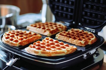 Freshly cooked waffles on a waffle maker in a cozy kitchen setting during breakfast time