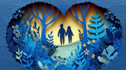 A silhouette of a couple holding hands walks through a stylized blue forest with trees and foliage, framed within a heart shape.