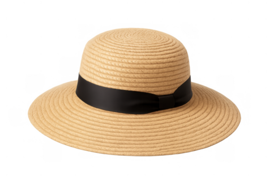 Straw boater hat with black ribbon isolated on a transparent background, summer fashion accessory for women