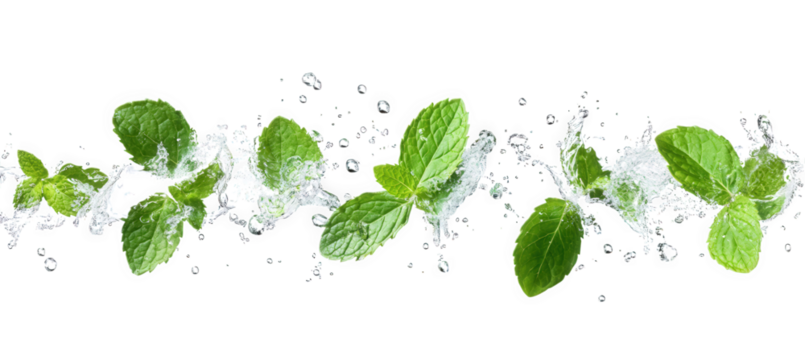 Fresh mint leaves with water splash isolated on transparent background, conveying a sense of refreshment, naturalness, and purity, ideal for culinary or wellness themes