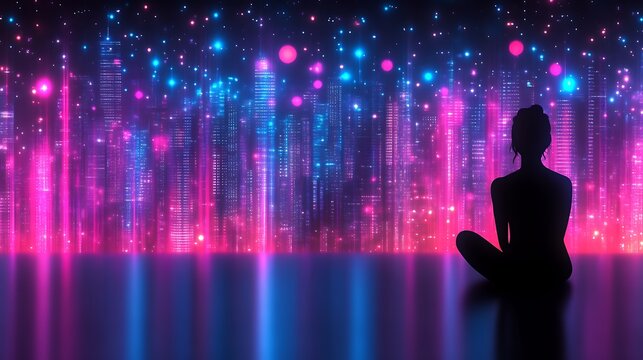 Silhouette of a woman meditating, bathed in vibrant neon light, gazing at a futuristic city skyline