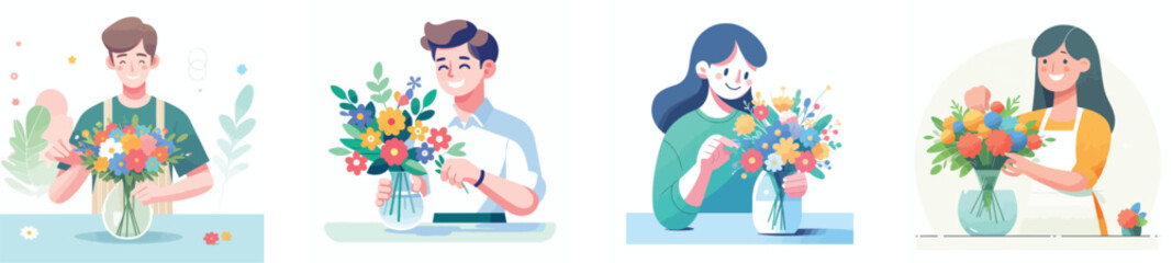 a person arranging flowers in a vase, flat design, white background