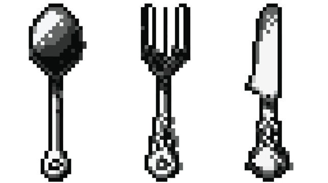 Retro pixel art cutlery set in monochrome. Spoon, fork, and knife icons for vintage 8-bit or 16-bit game assets and design elements.