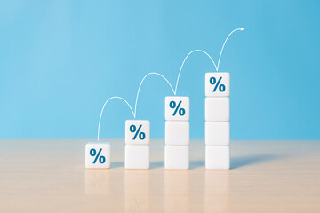 Percentage growth. Increase in financial interest rate, sales increase, mortgage or taxes. percent growth. Dice with increasing percentage icons