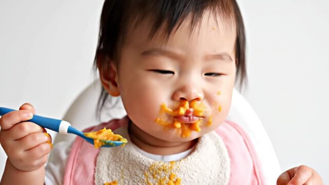 Close-up of a messy Asian toddler eating macaroni with a blue spoon against a plain white background with a playful mood.