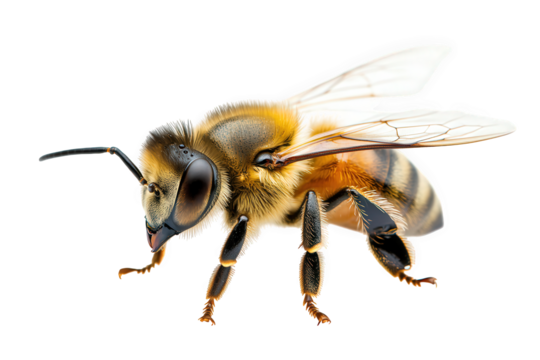 Detailed closeup of a honeybee isolated on transparent background, showcasing its intricate anatomy and golden hues, emphasizing its role in pollination