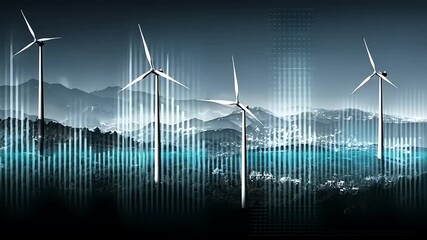 Wind turbines generating renewable energy in a mountainous landscape with digital data visualization - Powered by Adobe