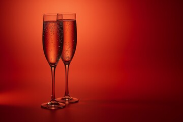 Two champagne flutes filled with bubbly gold liquid, set against a vibrant red gradient background.