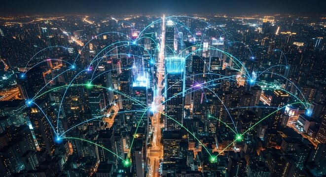 An aerial view captures the vibrant city skyline at night, illuminated with interconnected networks represented by glowing lines, showing the connectivity and technology woven into the urban - Powered by Adobe