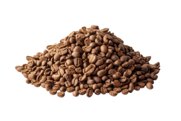 Pile of roasted coffee beans isolated on transparent background, showcasing their rich brown color and textured surface, perfect for coffee lovers and enthusiasts