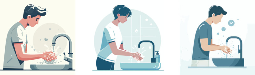 hand washing with soap and running water, flat design, white background