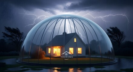 Amidst a stormy night with lightning striking, a cozy house stands protected within a transparent dome, its warm interior lights casting a hopeful glow, symbolizing security and assurance 