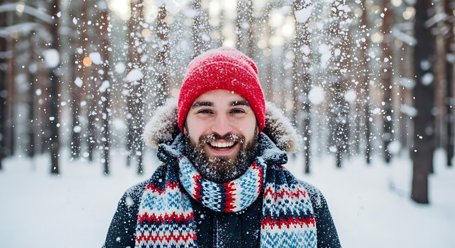 A smiling man in winter attire throws snow in the air in a snowy forest.