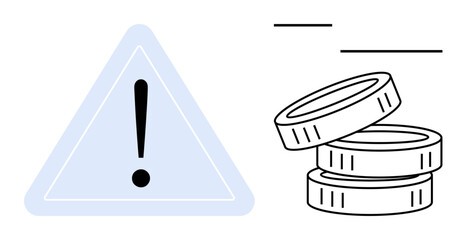 Warning sign with exclamation mark next to stacked coins and motion lines indicating movement or instability. Ideal for finance, caution, investment, risk, alert, economy, money concepts. Simple flat