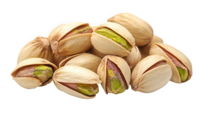 A pile of pistachios isolated on transparent background, showcasing their beige shells and vibrant green kernels, a healthy and delicious snack option for everyone