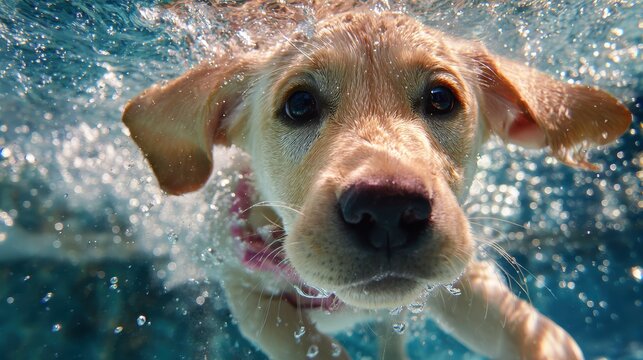 Funny underwater picture of puppies in swimming pool playing deep dive action training game with family pets and popular dog breeds during summer holidays. recreation, relax, generate by AI