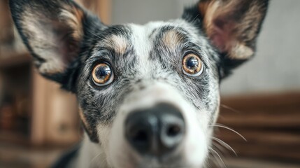 Young crazy surprised dog make big eyes closeup. surprised dog funny face big eyes. Young dog looking surprised and scared. Emotional surprised wide big eye dog at home, high quality photo