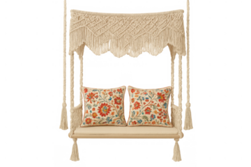 Macrame hanging swing with ornate floral cushions, creating bohemian style relaxation furniture on transparent background