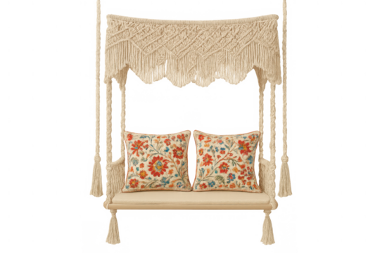 Macrame hanging swing with ornate floral cushions, creating bohemian style relaxation furniture on transparent background