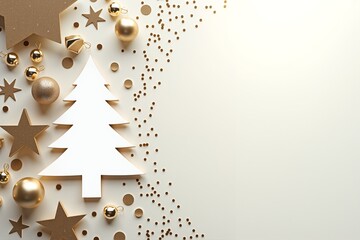 Golden Christmas ornaments, stars, and tree on cream background. Festive holiday decor with sparkling gold accents.