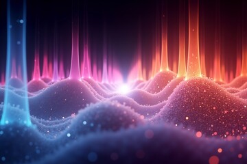 Neon waves glow in purple, blue, and orange hues against dark background, sparkling particles dance on undulating digital terrain.