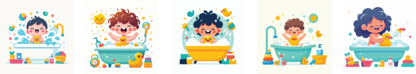 child playing with rubber duck in bathtub, flat minimal design, white background