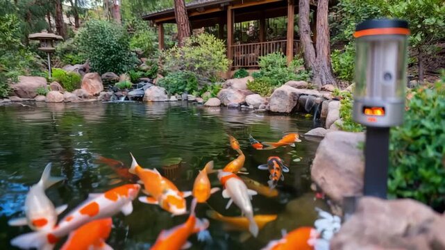 Medium shot of a smart pond fish feeder mounted on a pole programmed to dispense food at scheduled times enhancing fish growth with minimal human intervention