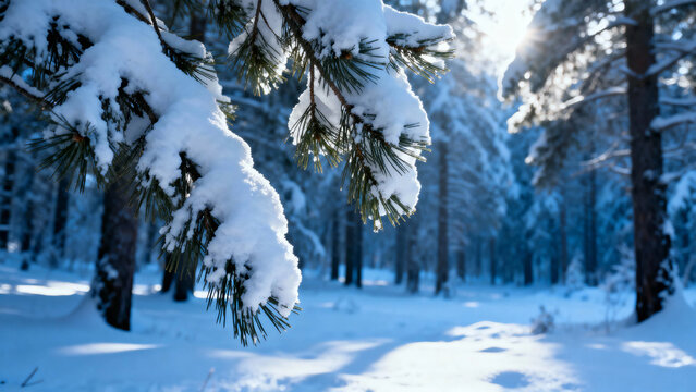 Snow-covered pine branches in a sunlit winter forest